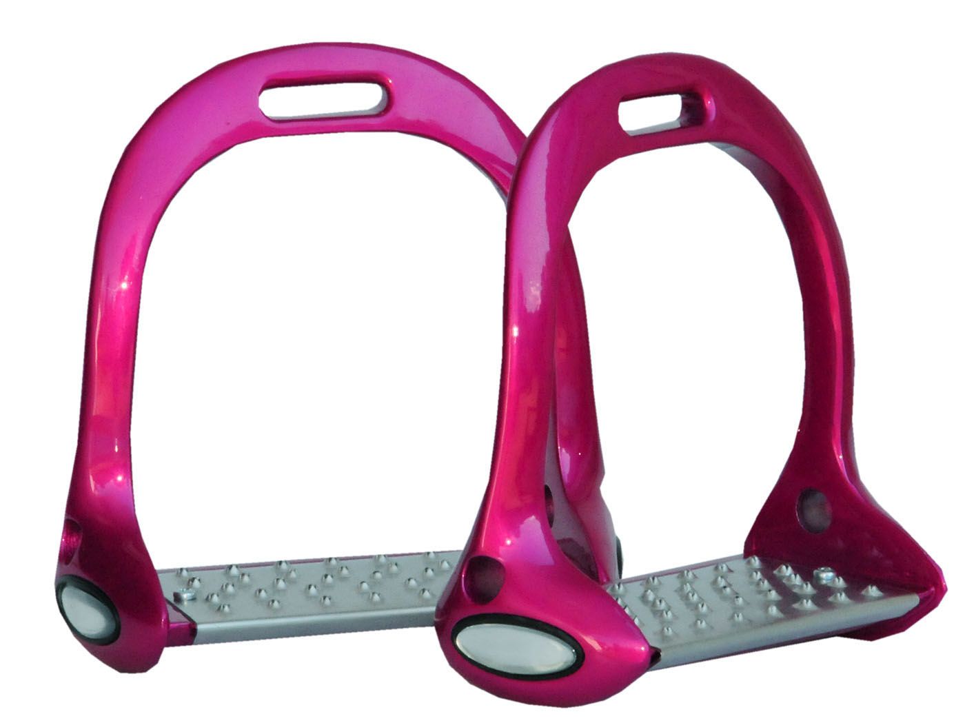Zwei pinkfarbene Steigbügel mit silberfarbenen Trittflächen. AMKA-Logo auf den Seiten.