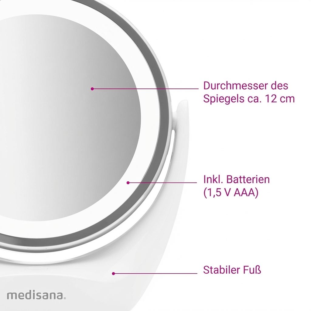 Detailansicht eines Kosmetikspiegels mit ca. 12 cm Spiegeldurchmesser.