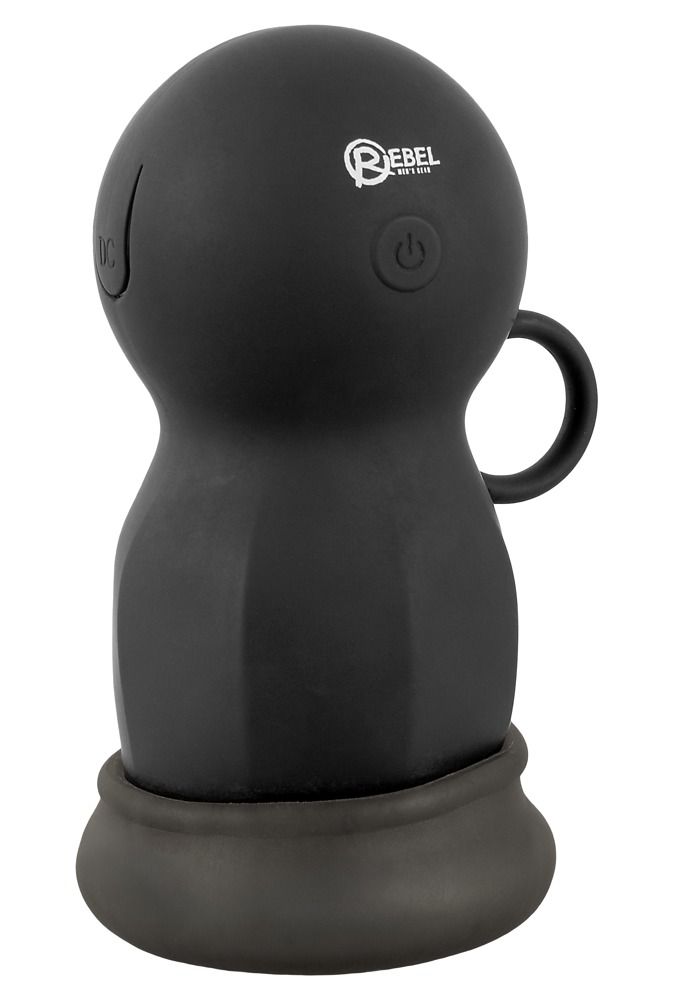 Schwarzes Wellness-Produkt. Runde Form mit Griff und Sockel. Logo REBEL. Bedienfeld mit Knopf.