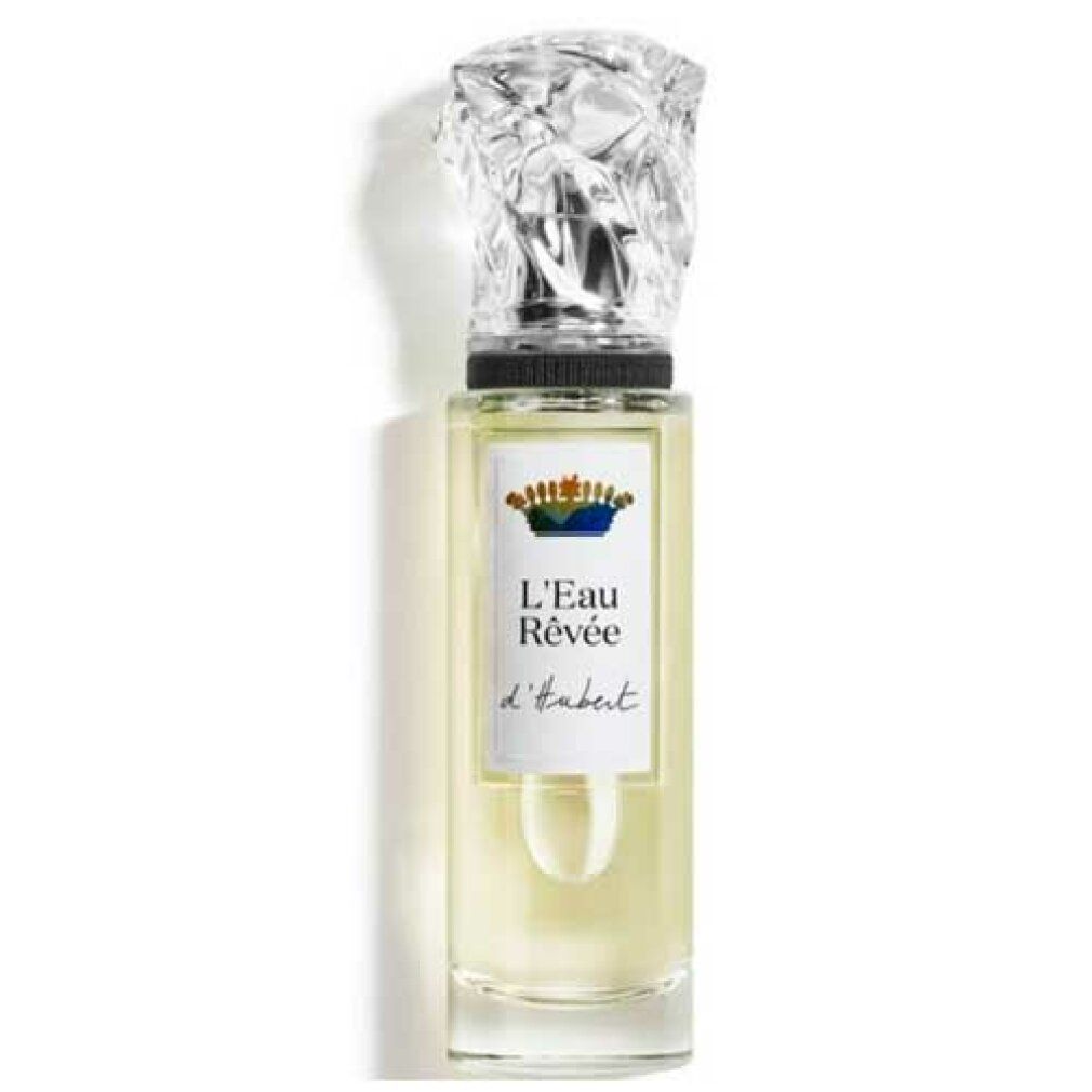 Parfümflasche mit klarem Glas und einem verzierten silbernen Verschluss. Das Etikett zeigt 'L'Eau Rêvée d'Hubert'.