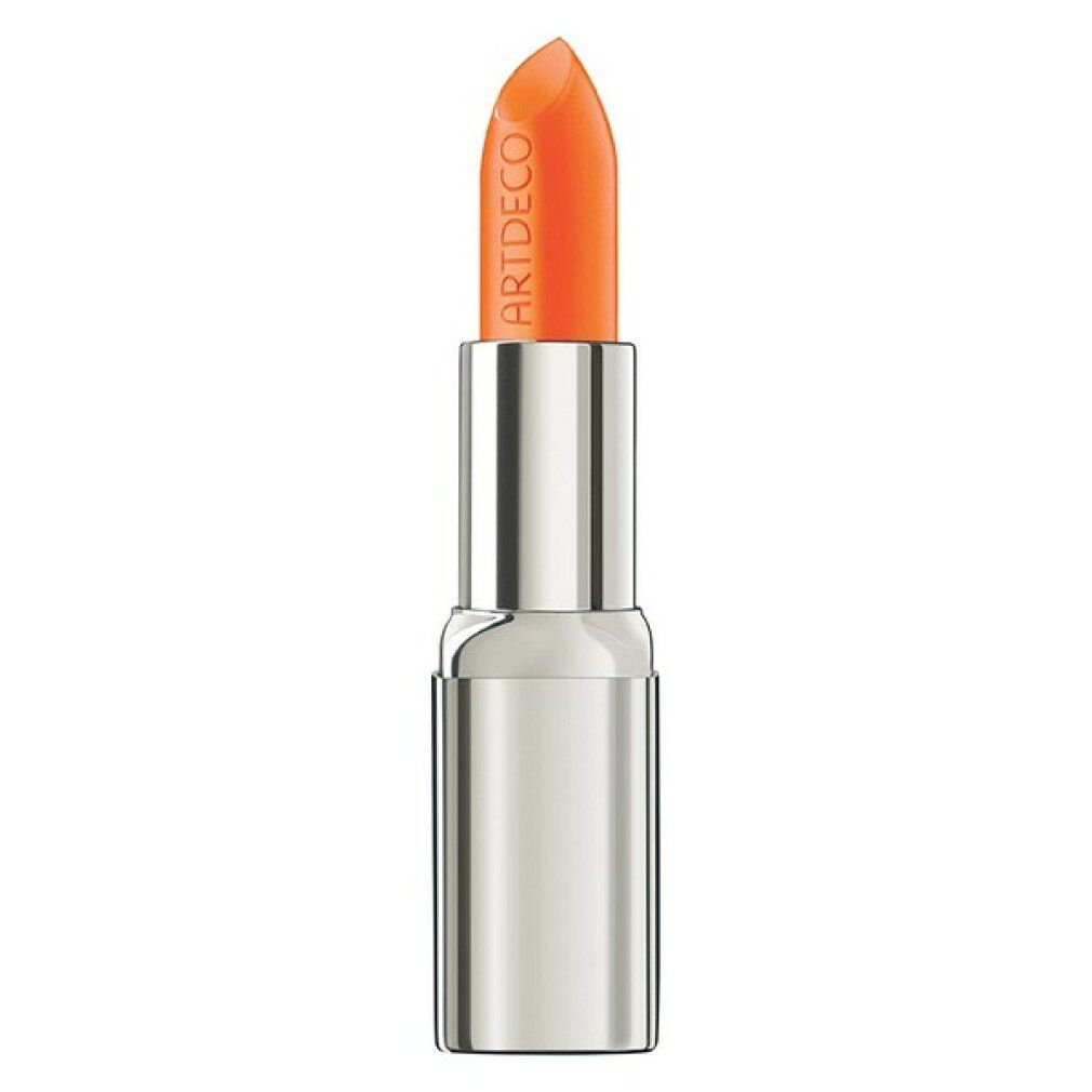 Lippenstift mit orangefarbenem Stift. Silberfarbene Hülse. ARTDECO-Schriftzug auf dem Stift und der Hülse.
