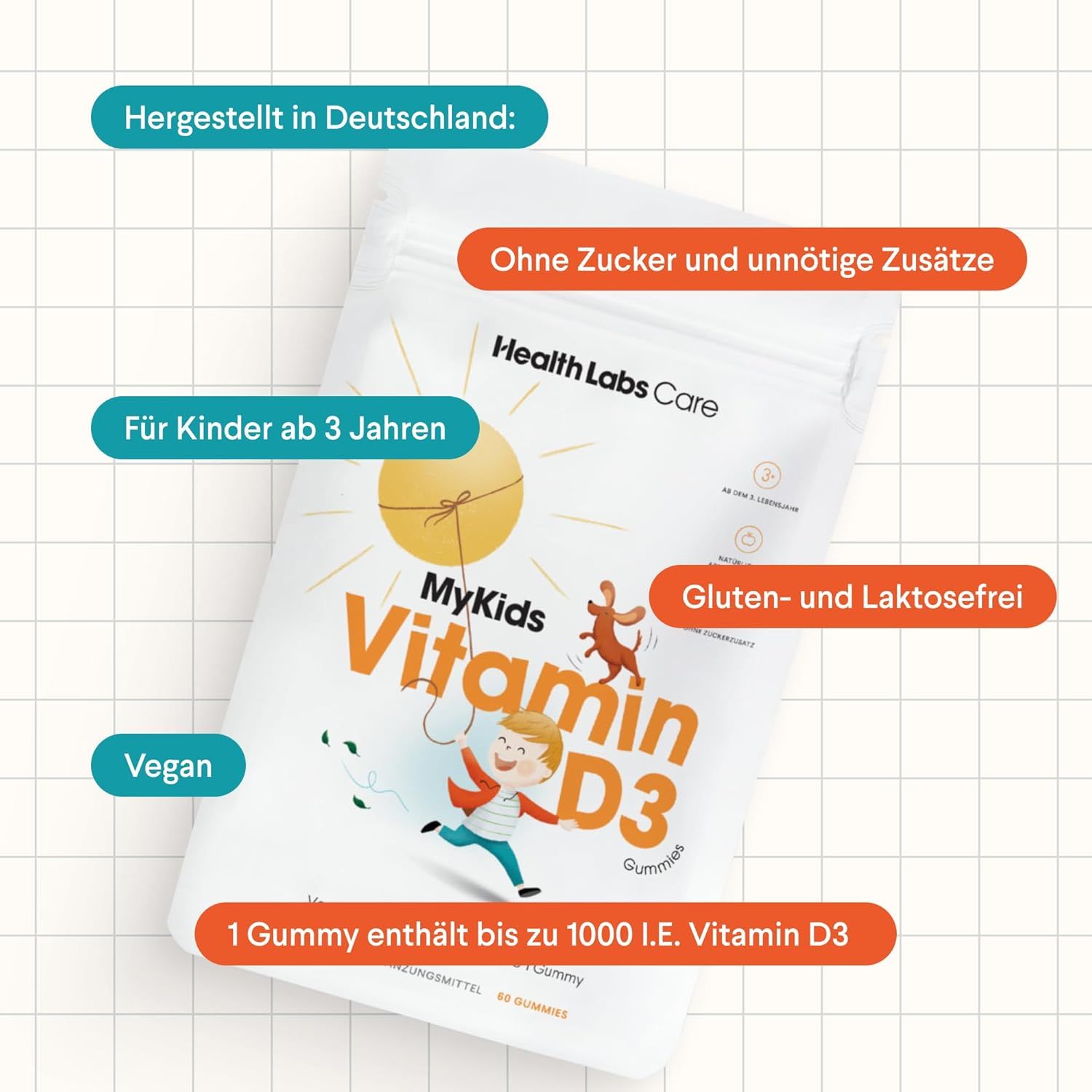 Beutel MyKids Vitamin D3 Gummies. Text: Hergestellt in Deutschland, ohne Zucker, für Kinder ab 3 Jahren, gluten- und laktosefrei, vegan. 1 Gummie enthält 1000 I.E.