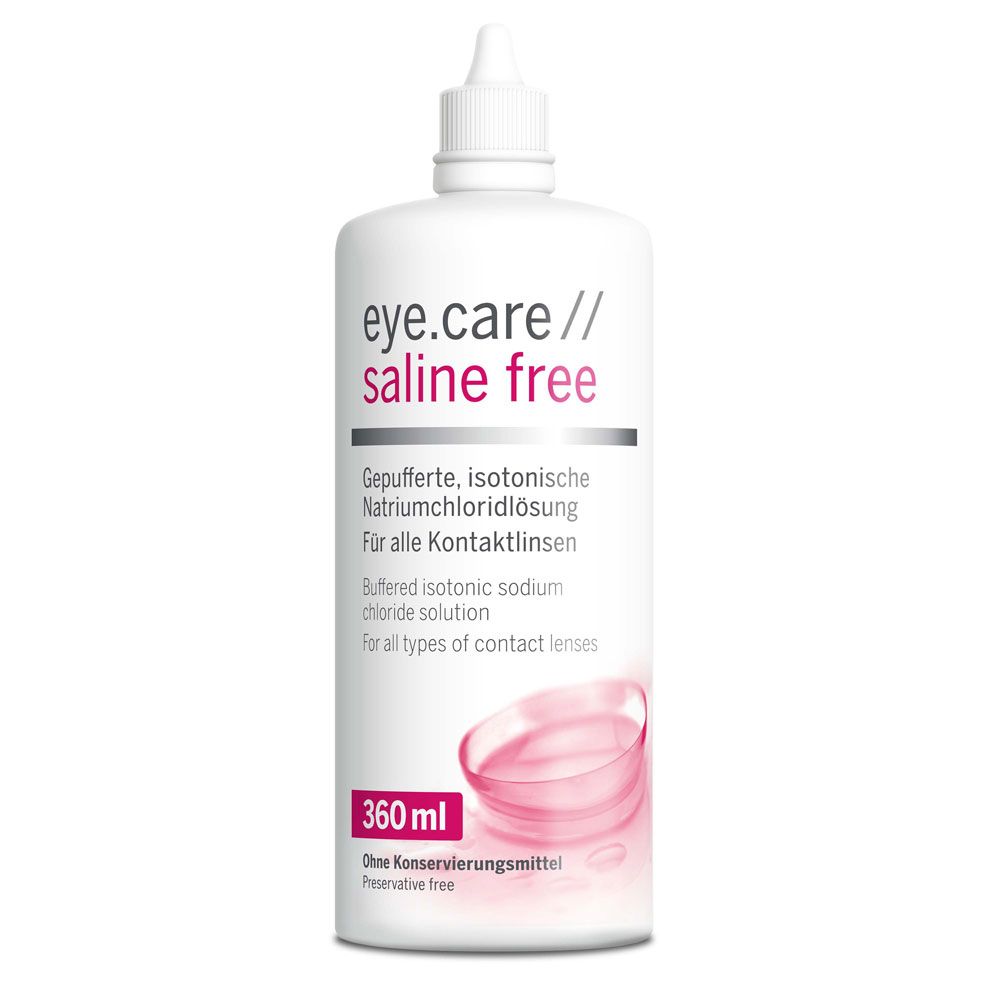 eye.care saline free Flasche, 360 ml. Text: Ohne Konservierungsmittel. Für alle Kontaktlinsen.