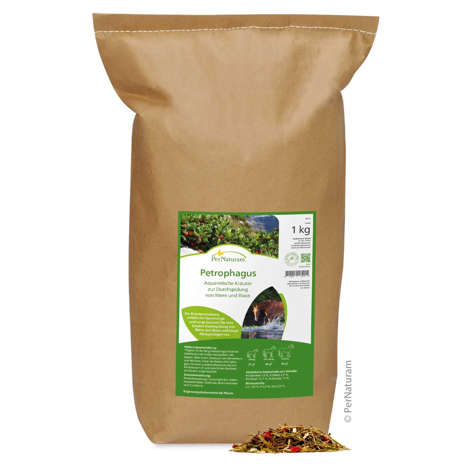 Braune Papiertüte mit grünem Etikett. Etikett mit Produktname, Logo und Inhaltsangaben. 1 kg-Angabe.