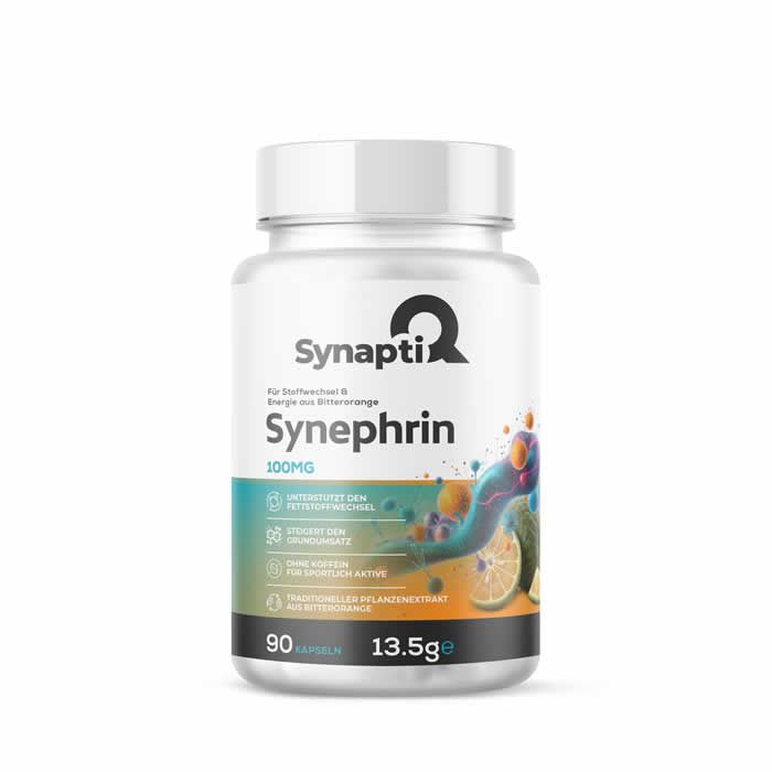 Weißes Kunststoff-Behälter mit SynaptiQ® Synephrin-Kapseln. Blaue und orangefarbene Grafik. 90 Kapseln, 100mg.