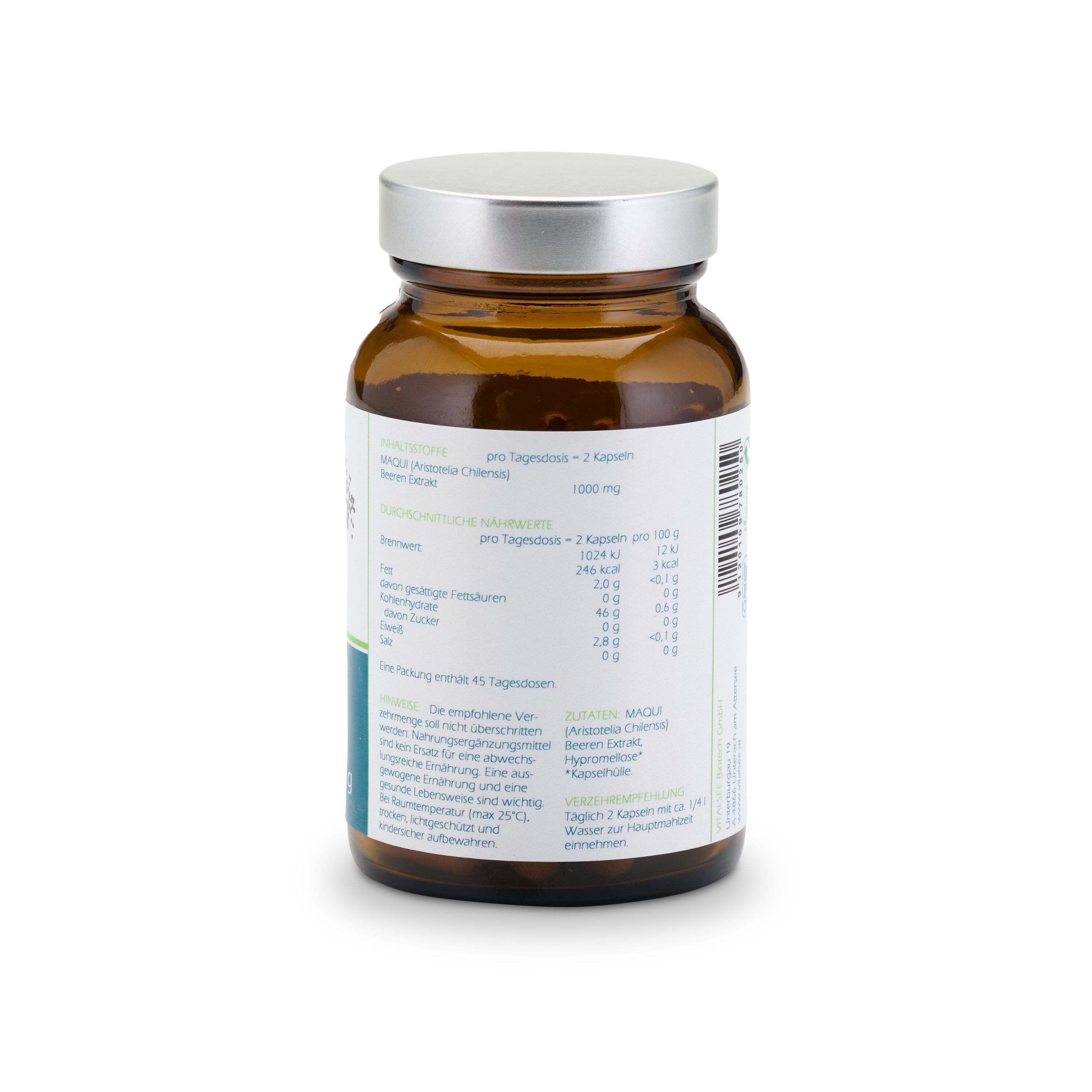 Rückseite der Flasche mit Nährwertangaben und Zutatenliste. Text in deutscher Sprache. Weißes Etikett mit grünen Akzenten.