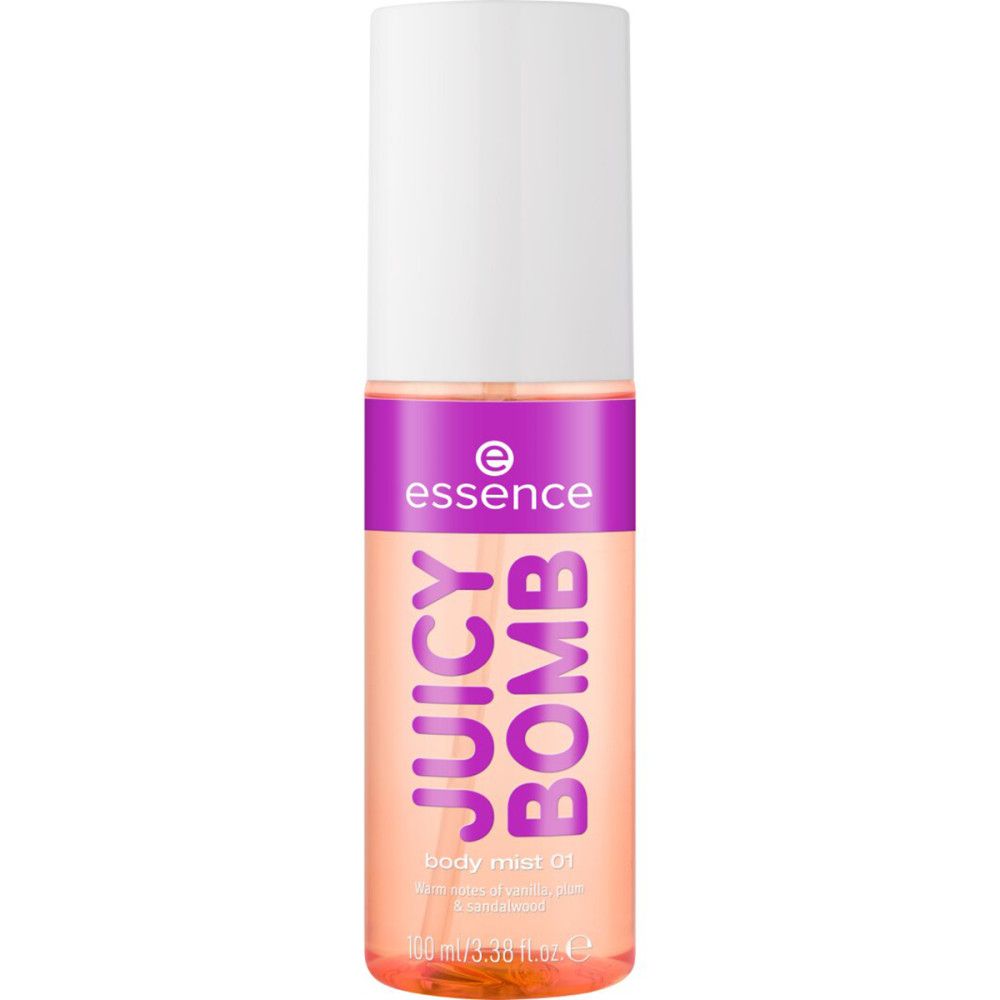 Körpernebel-Flasche mit lila und rosa Etikett. Aufschrift: Juicy Bomb, Essence. Sprühkopf.