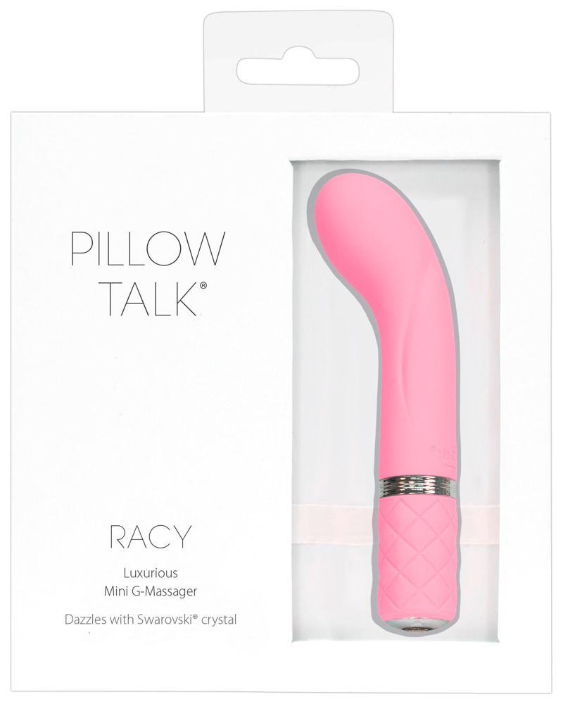 Verpackung mit rosa Vibrator. Produktname: Pillow Talk Racy. Text: Luxurious Mini G-Massager.