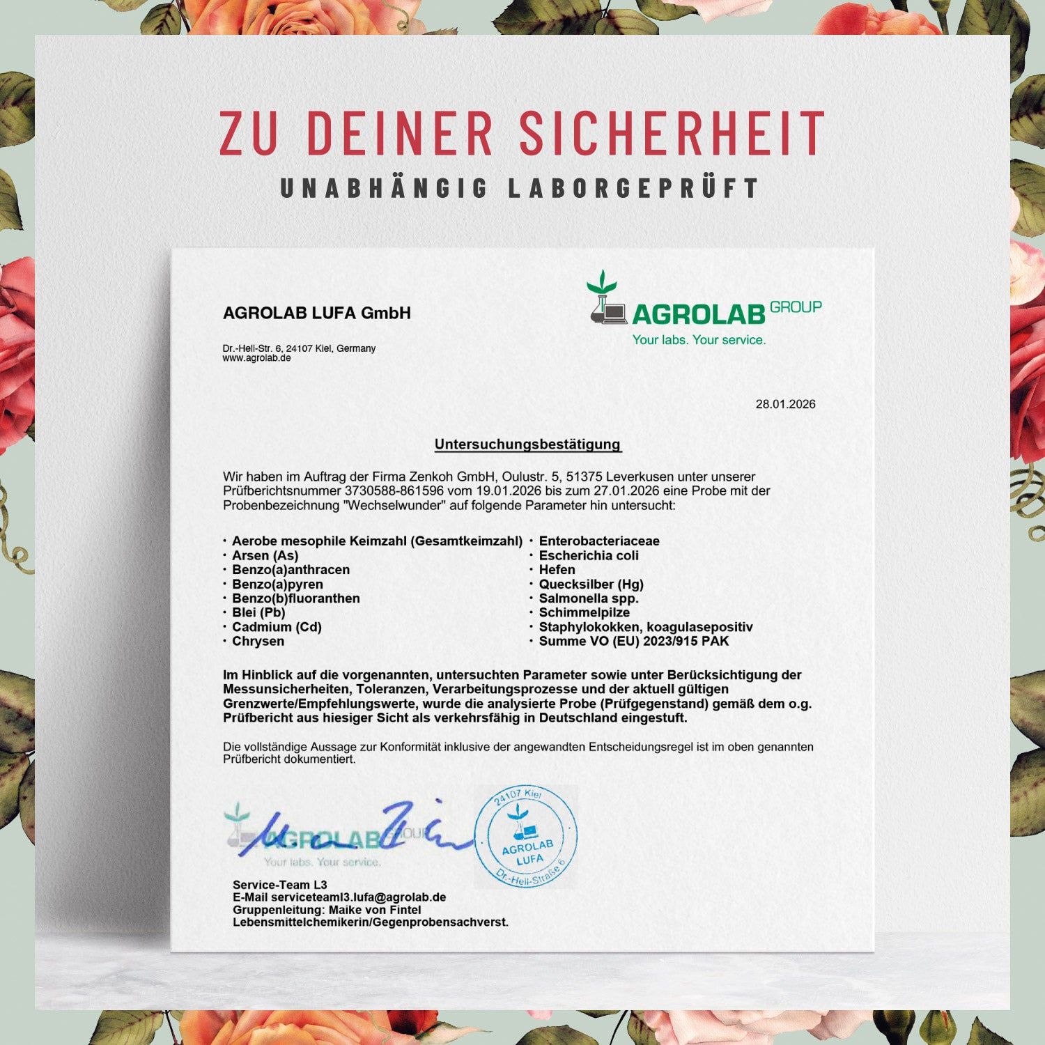 Zertifikat von Agrolab LUFA GmbH. Text: Untersuchungsergebnis für WechselWunder. Unabhängig laborgeprüft.