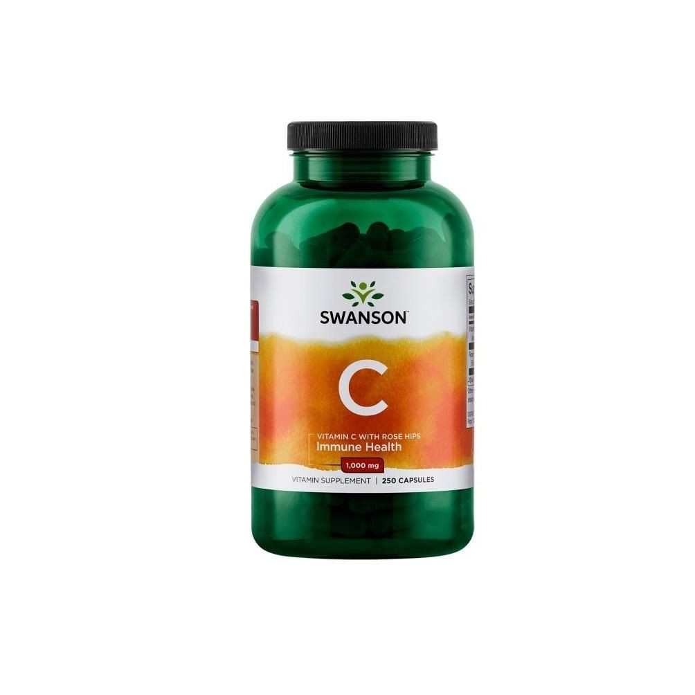 Grüne Flasche mit schwarzem Deckel. Aufkleber mit Marke SWANSON, großem „C“ und Text: Vitamin C mit Hagebuttenextrakt, 1.000 mg, 250 Kapseln.