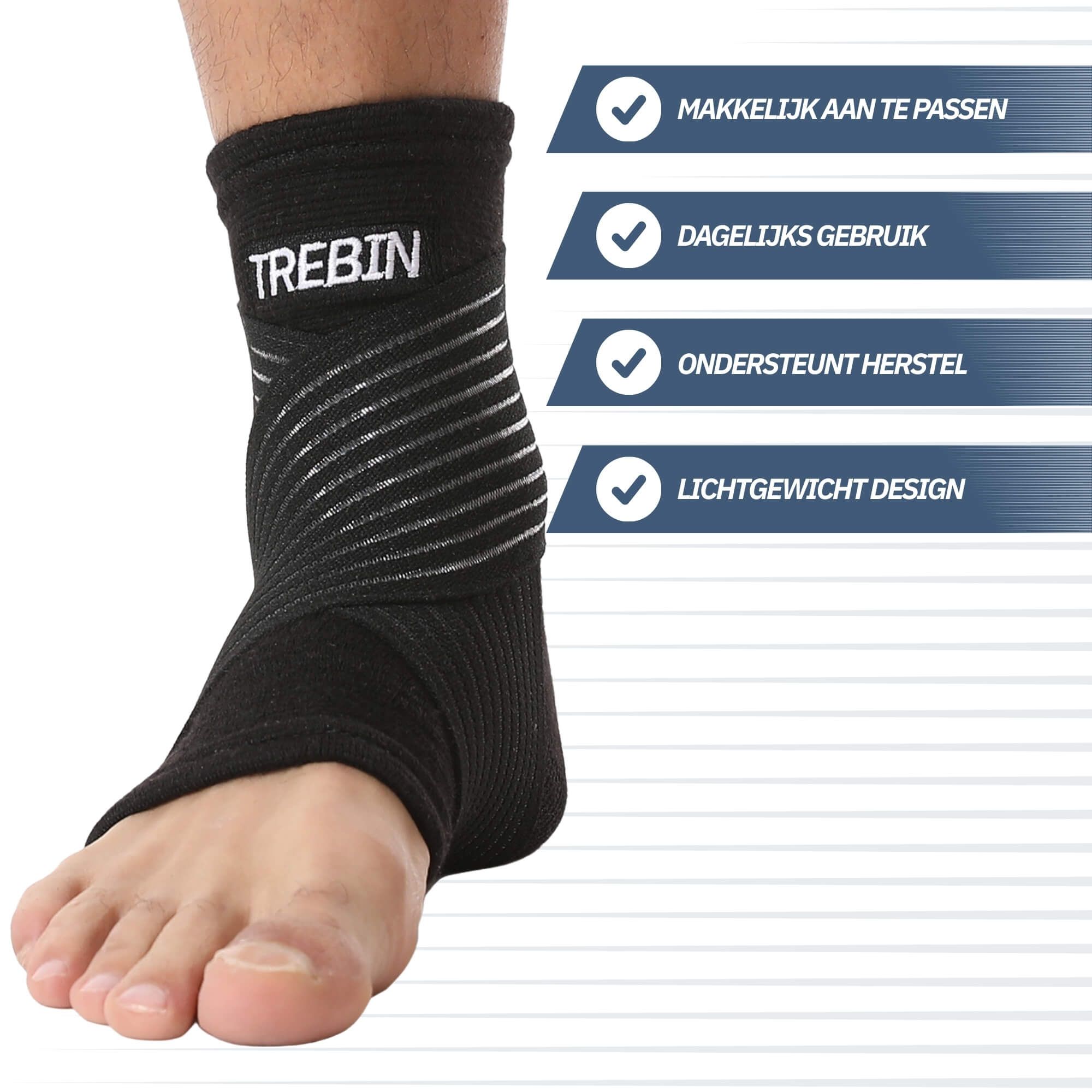 Schwarze Knöchelbandage mit weißen Streifen. "Facile à ajuster", "Usage quotidien", "Aide à récupérer", "Design léger".