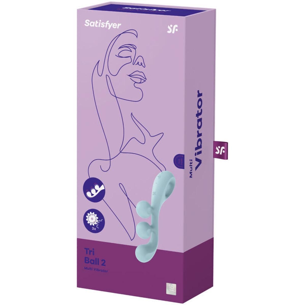 Verpackung von Satisfyer Tri Ball 2. Lila Schachtel mit Produktabbildung und Produktnamen.