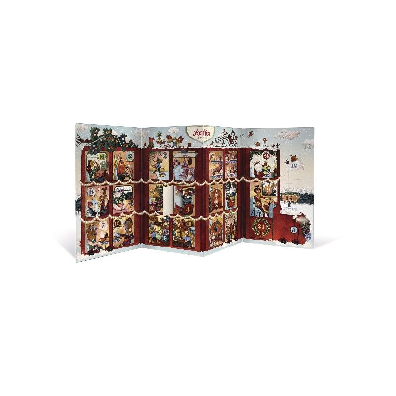 Adventskalender mit 24 Türchen. Roter Rahmen, Illustrationen. Oben: Logo. Zahlen von 1 bis 24. Aufgeklappt, weihnachtliches Design.