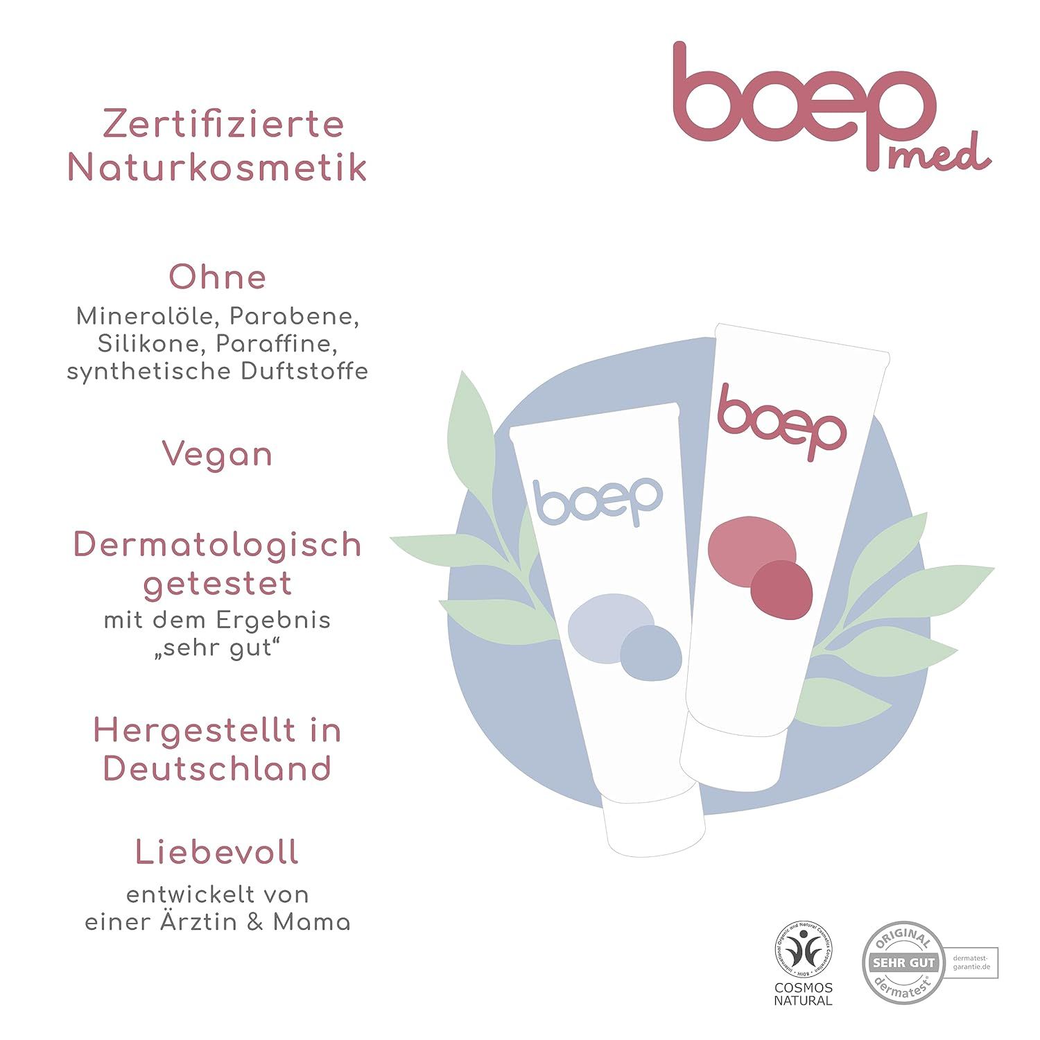 Text und Logos. Zertifizierte Naturkosmetik, vegan, dermatologisch getestet. Zwei Tuben-Illustrationen.