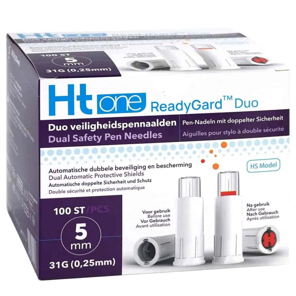HT One ReadyGard Duo Sicherheitsnadeln 31G, 5 mm, 100 Stück. Nadeln mit doppeltem Schutz.