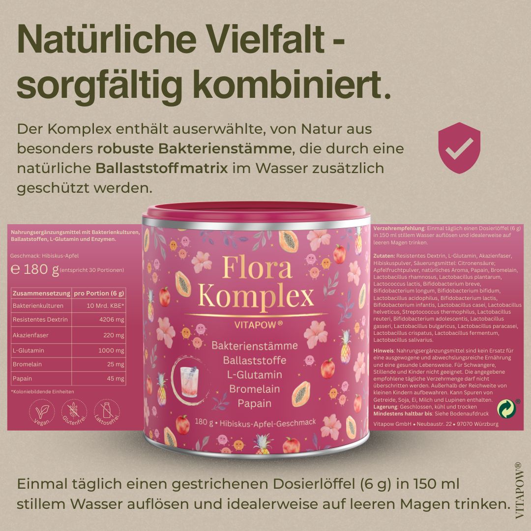 Rosa Dose mit Produkt. Text: Flora Komplex, Vitapow. Enthält Bakterienstämme, Ballaststoffe, L-Glutamin, Bromelain, Papain. 180g, Hibiskus-Apfel-Geschmack.