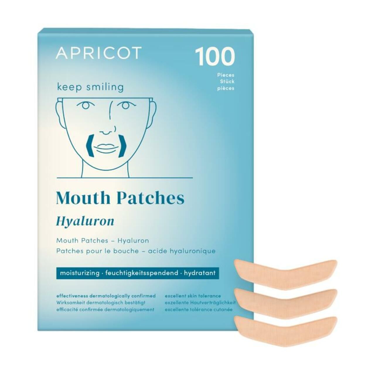 Verpackung von APRICOT Mundfalten Pads mit Hyaluron. Blaue Schachtel mit Produktname, Illustration und Text. Drei Pads liegen daneben.