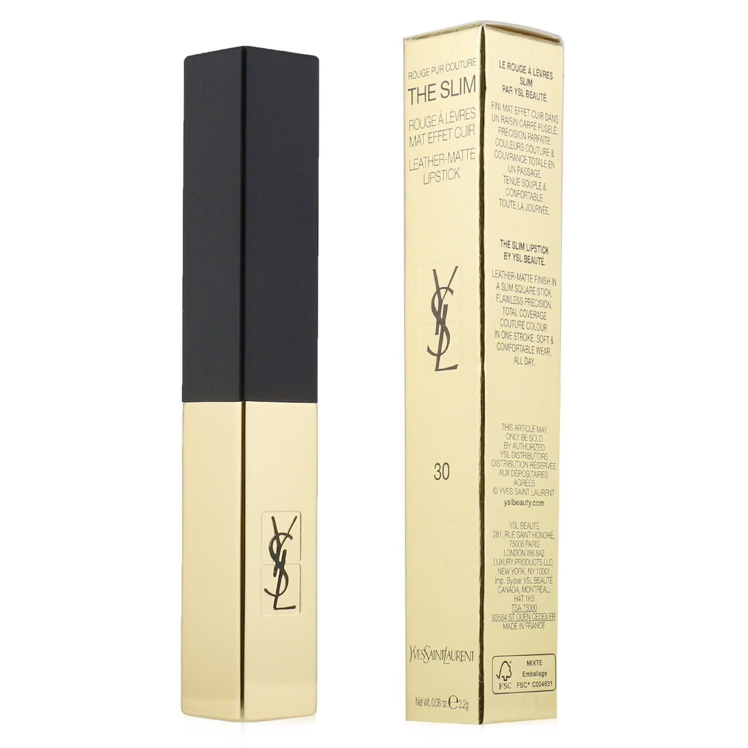 Lippenstift mit schwarzem Deckel und goldfarbenem Gehäuse. Daneben die Verpackung mit Logo und Produktbezeichnung.