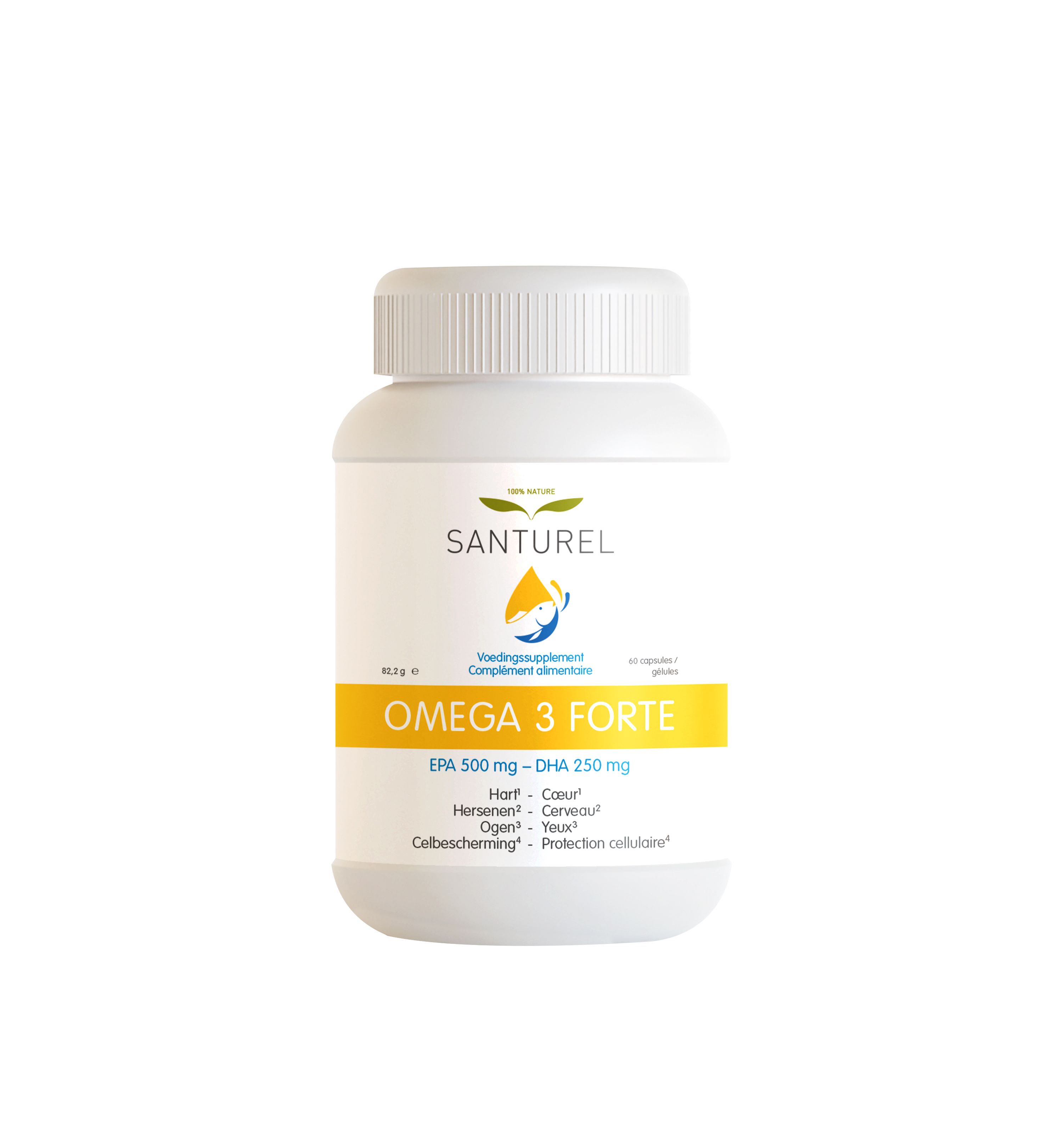 Weiße Flasche mit Santurel Omega 3 Forte. Gelbes Etikett mit Produktnamen und Inhaltsstoffen. Kapseln.