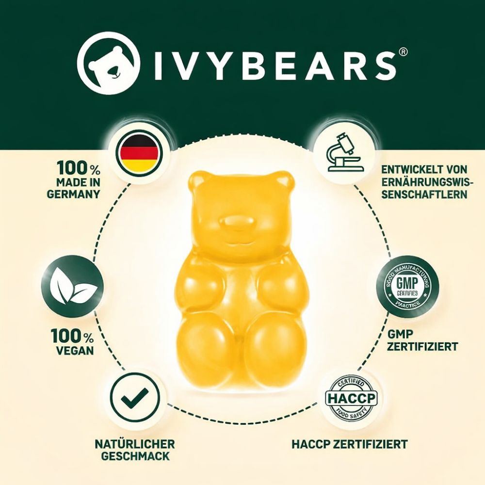 Gelber Gummibär. Kreisförmige Anordnung von Logos und Texten. Logos: 100% Vegan, GMP zertifiziert, Natürlicher Geschmack, 100% Made in Germany.