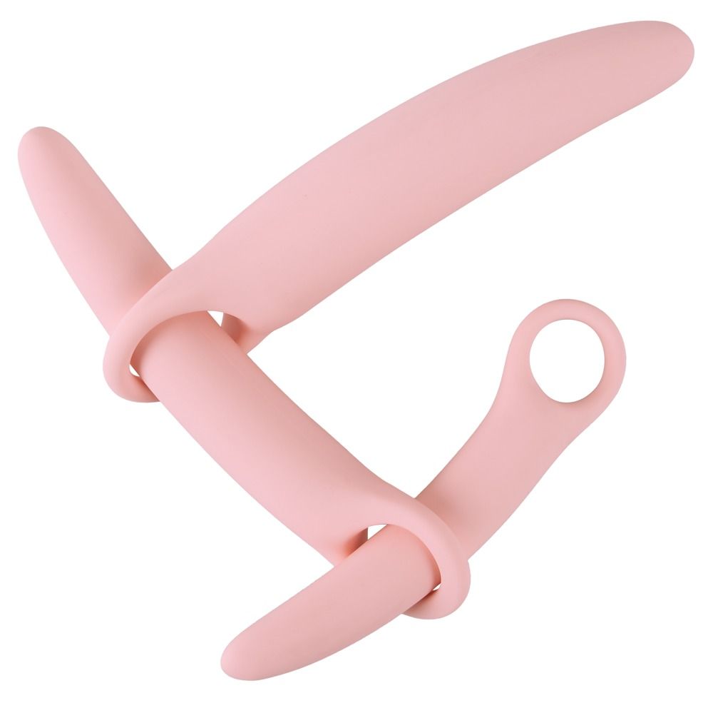 Zwei rosafarbene Vaginaltrainer mit Ring. Aus Silikon. Verschiedene Größen.