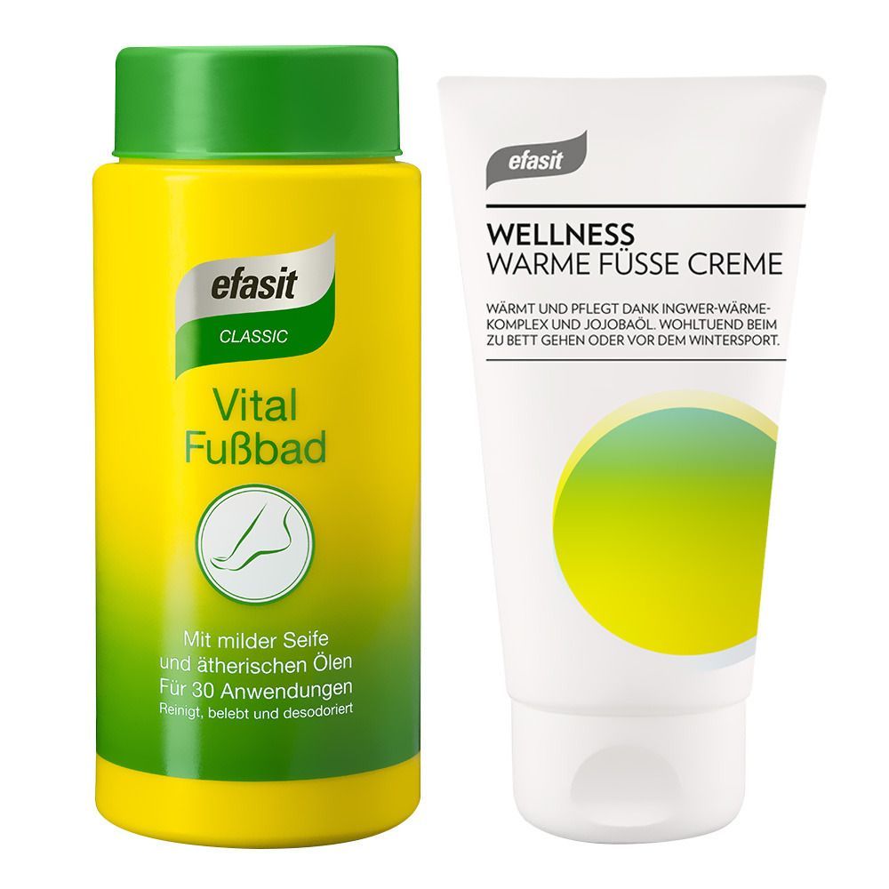 Zwei Produkte: Vital Fußbad in gelber Flasche, grüne Kappe. Warme Füße Creme in weißer Tube. Beide mit efasit-Logo.