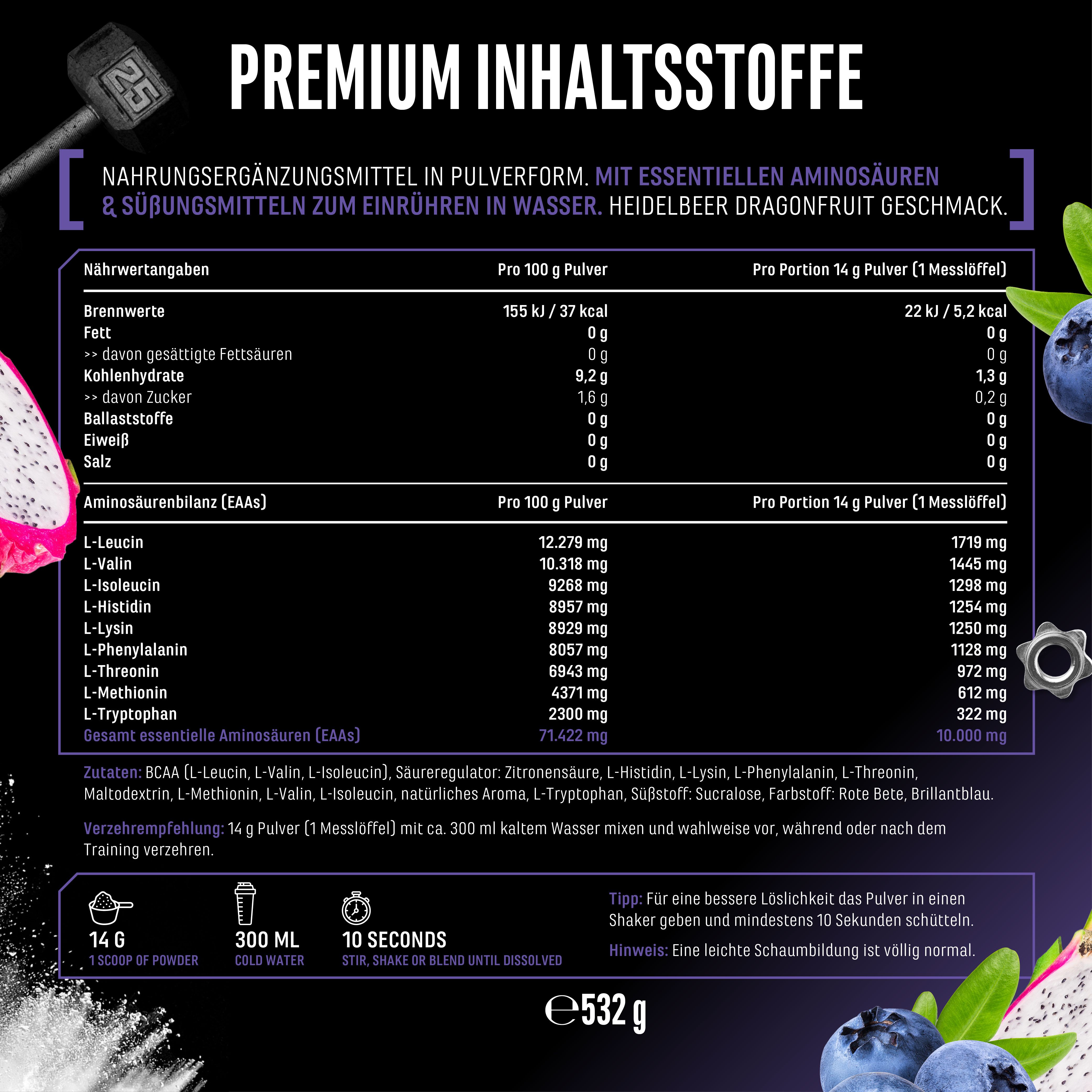 Nährwertangaben für GEN EAA 9. Enthält Informationen zu Brennwert, Fetten, Kohlenhydraten, Eiweiß, Salz und Aminosäuren pro 100g und pro Portion.