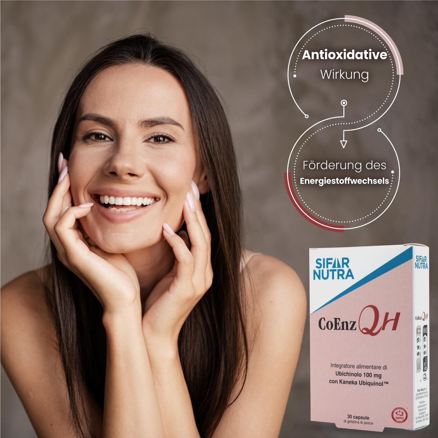 Frau lächelt, neben der Verpackung von Sifar Nutra CoEnz QH. Text: Antioxidative Wirkung, Förderung des Energiestoffwechsels.