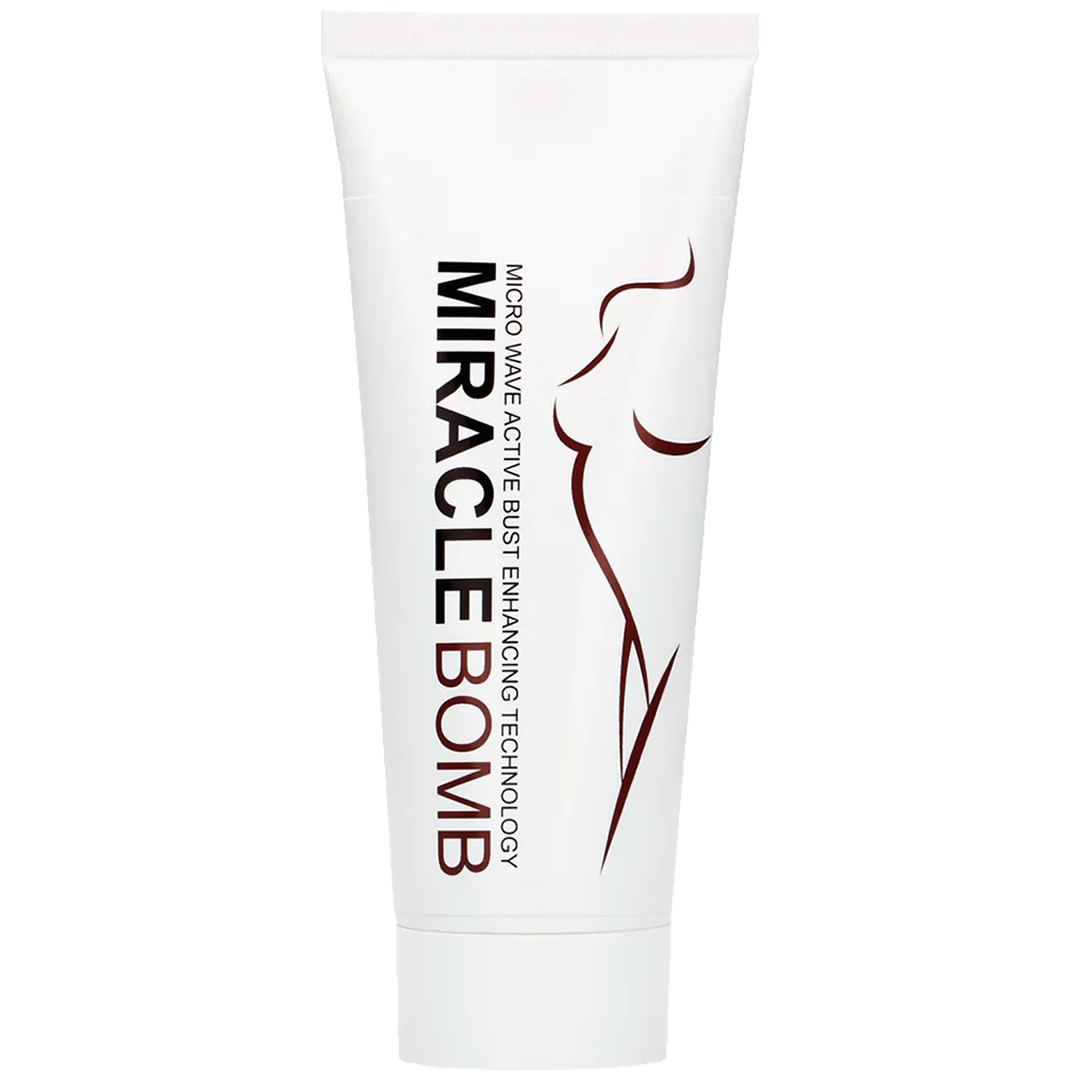 Weiße Tube mit braunem Schriftzug MIRACLE BOMB und Umriss einer Frau. Text: Micro Wave Active Bust Enhancing Technology.