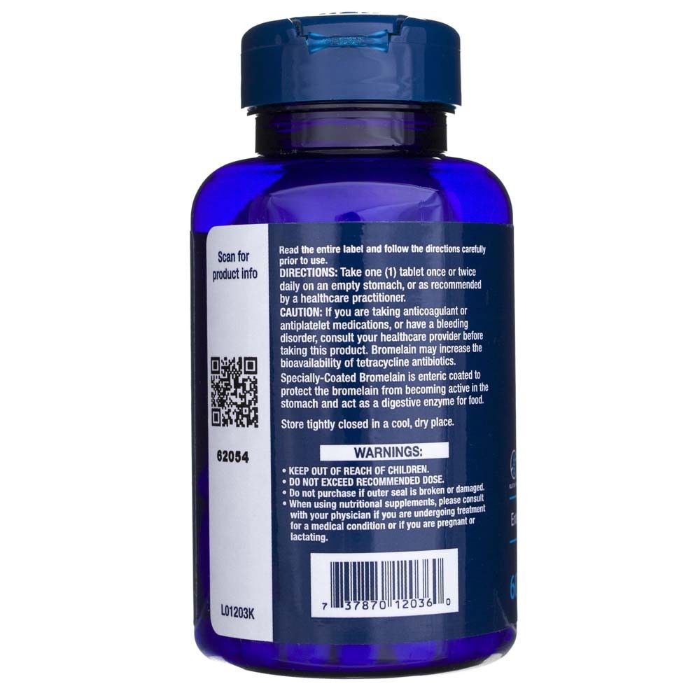 Rückseite einer blauen Flasche mit Life Extension Bromelain-Anwendungshinweisen, Warnhinweisen und Barcode.