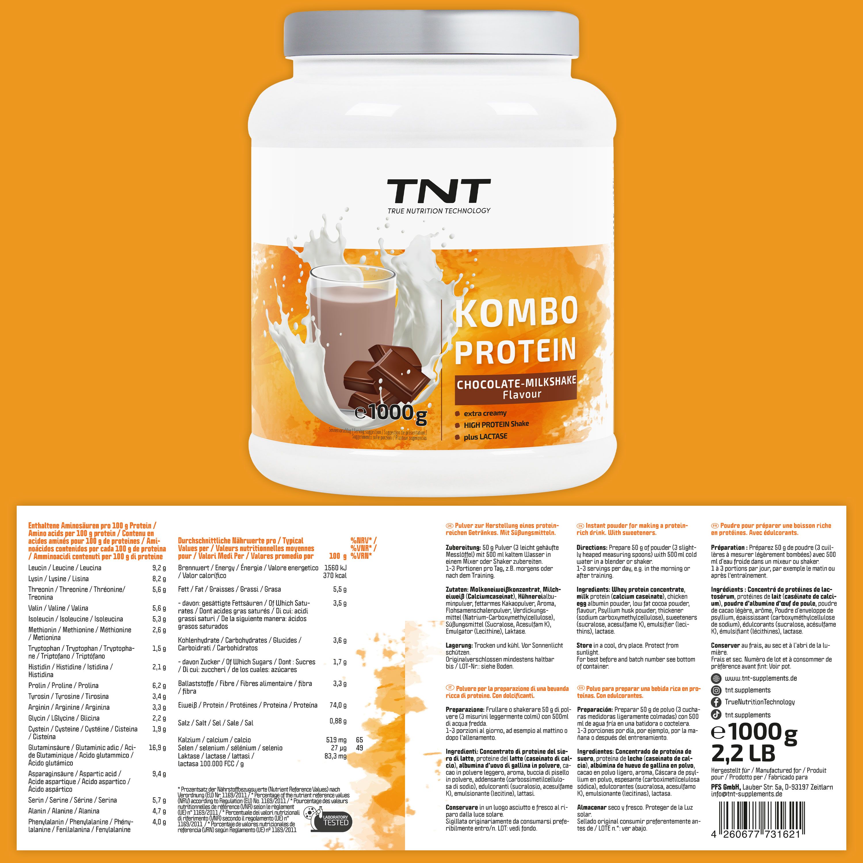 TNT Kombo Protein-Behälter mit Etikett. Text: Kombo Protein, Chocolate Milkshake Flavour. Zusätzliche Informationen und Logos.