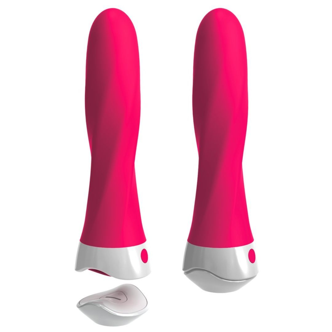 Zwei rosa Vibratoren mit weißem Sockel und Basis. Auf weißem Hintergrund.