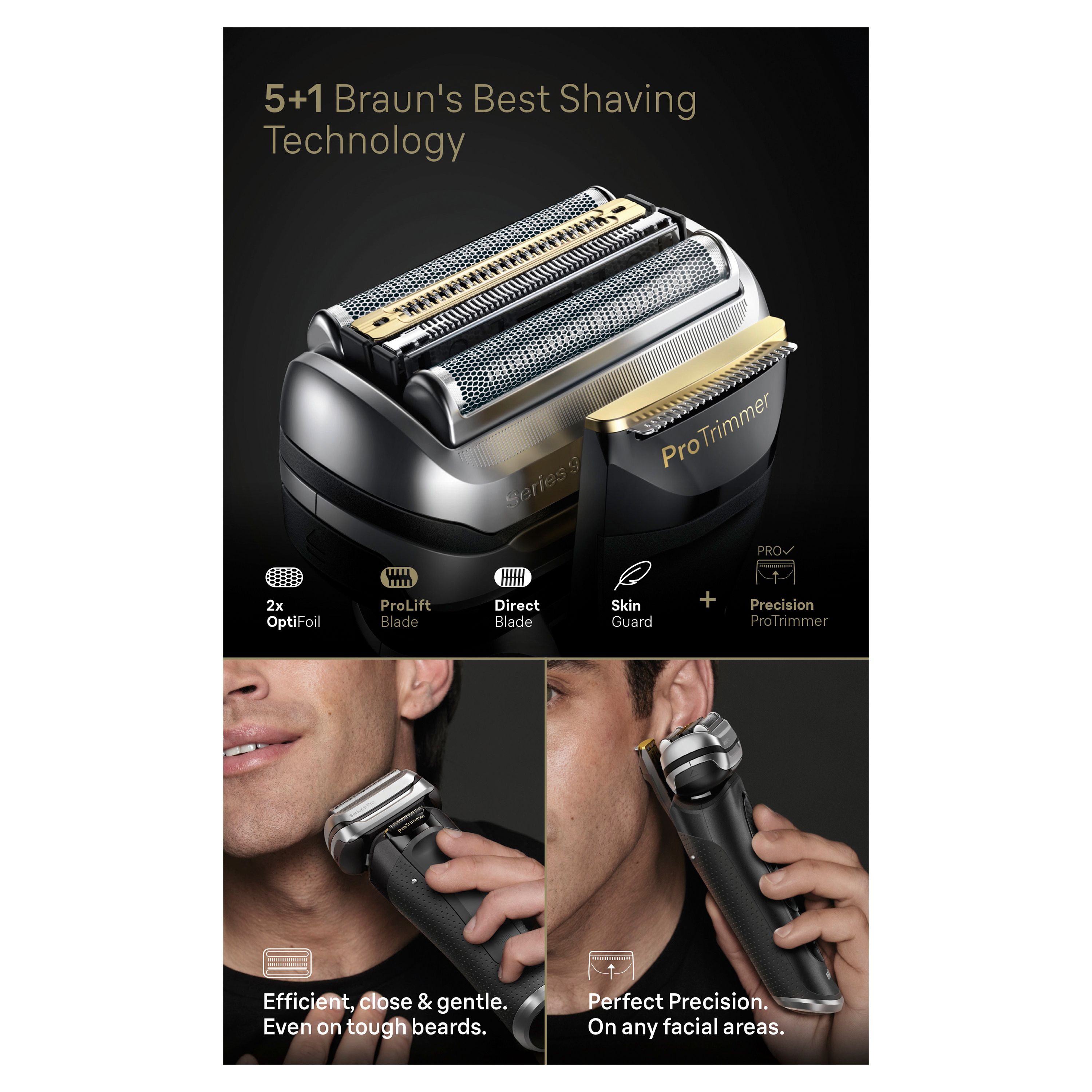 Rasiererkopf mit 5+1 Elementen. Text: Braun's Best Shaving Technology. OptiFoil, ProLift Blade, Direct Blade, Skin Guard, ProTrimmer.