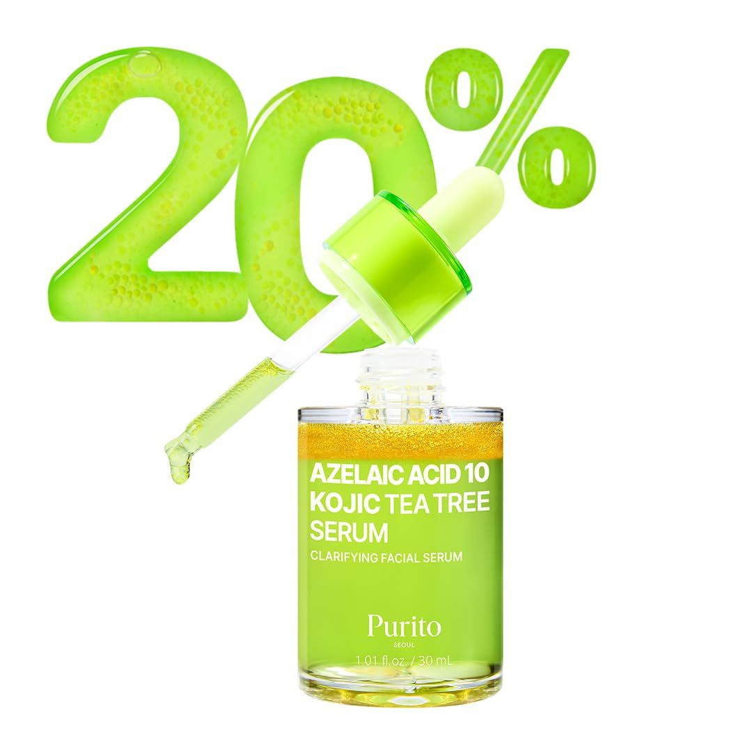 Purito Azelaic Acid 10 Serum Flasche mit Pipette und 20% Rabatt-Symbol.