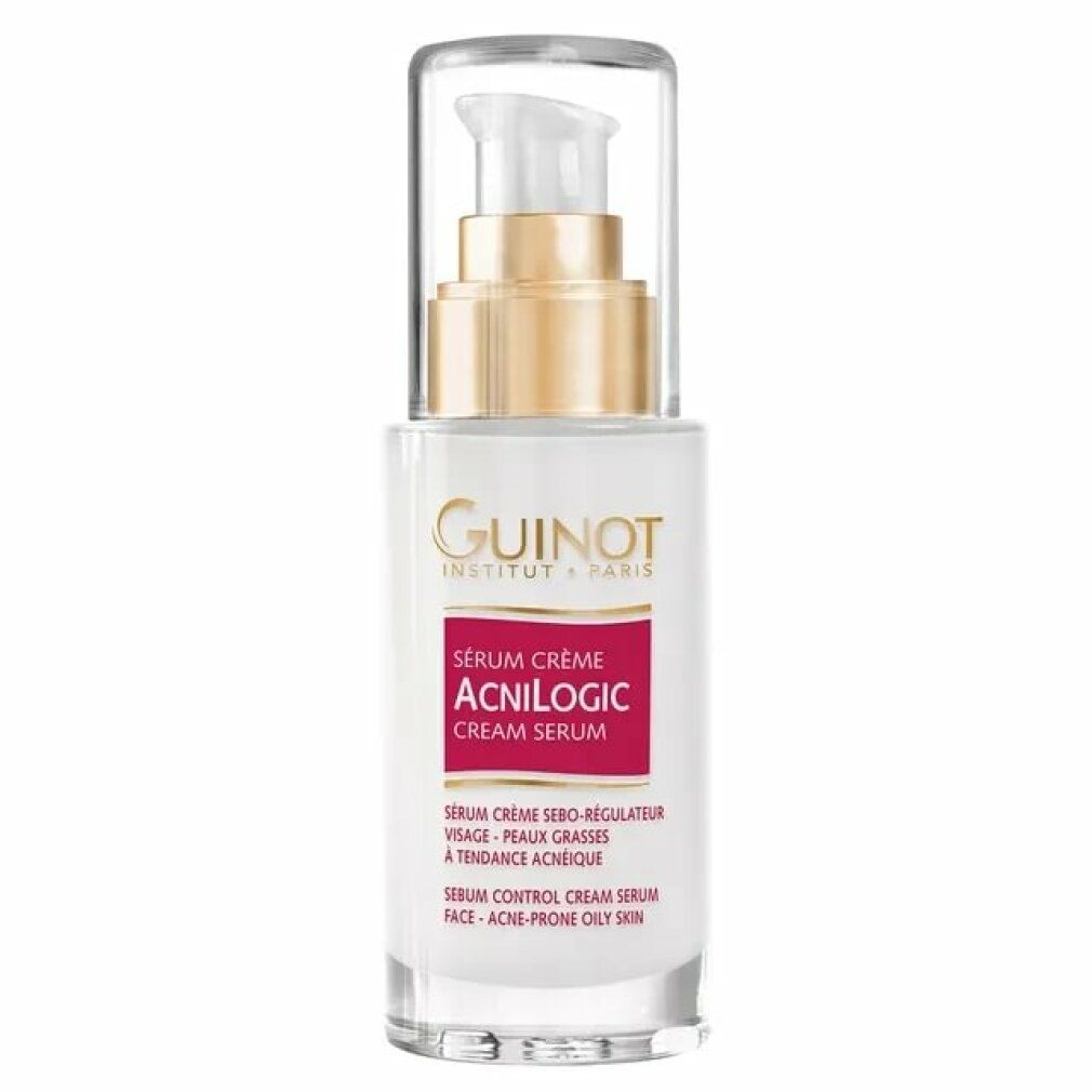 Weißes Serum mit goldfarbenem Pumpkopf. Text: ACILOGIC, Serum. Marke: Guinot.