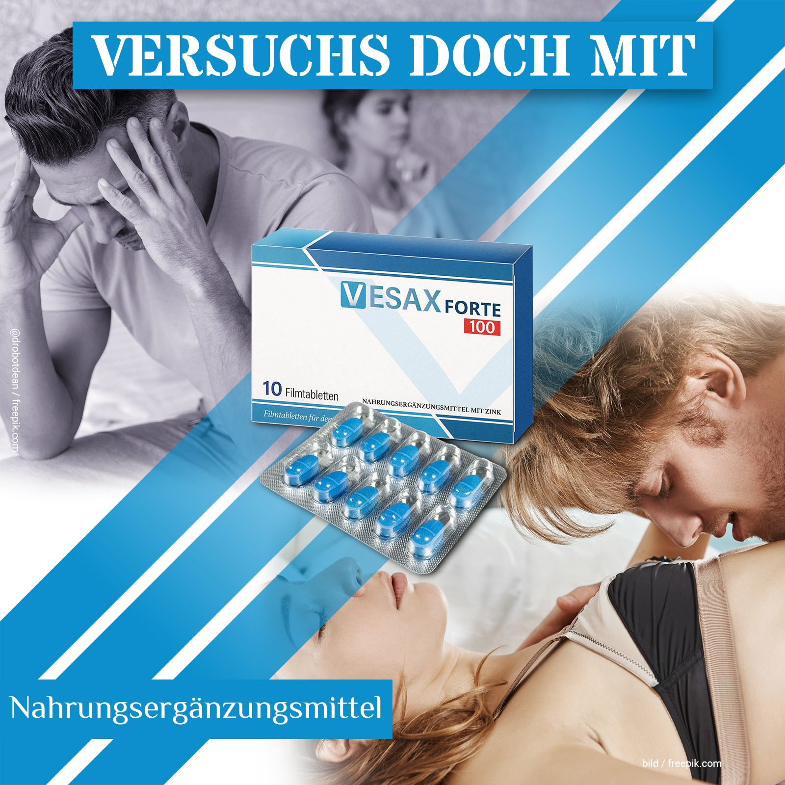Schachtel und Blisterpackung mit blauen Tabletten. Text: Vesax Forte 100. Nahrungsergänzungsmittel. Abgebildet: Paare in intimen Situationen.