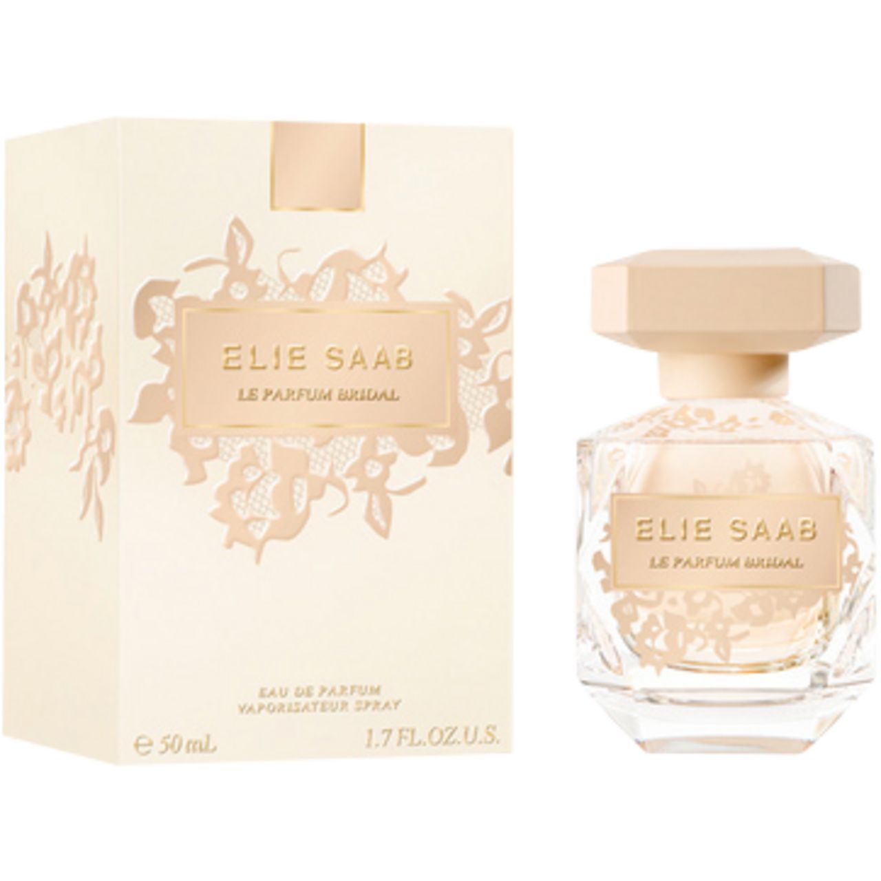 Parfümflakon und Verpackung. Aufschrift: ELIE SAAB LE PARFUM BRIDAL. Verpackung mit floralem Muster. Flakon mit beigem Deckel.
