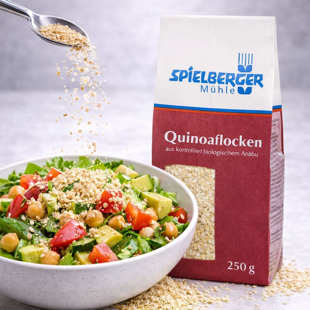 Packung Spielberger Quinoaflocken neben einer Schüssel Salat. Quinoaflocken werden über den Salat gestreut.