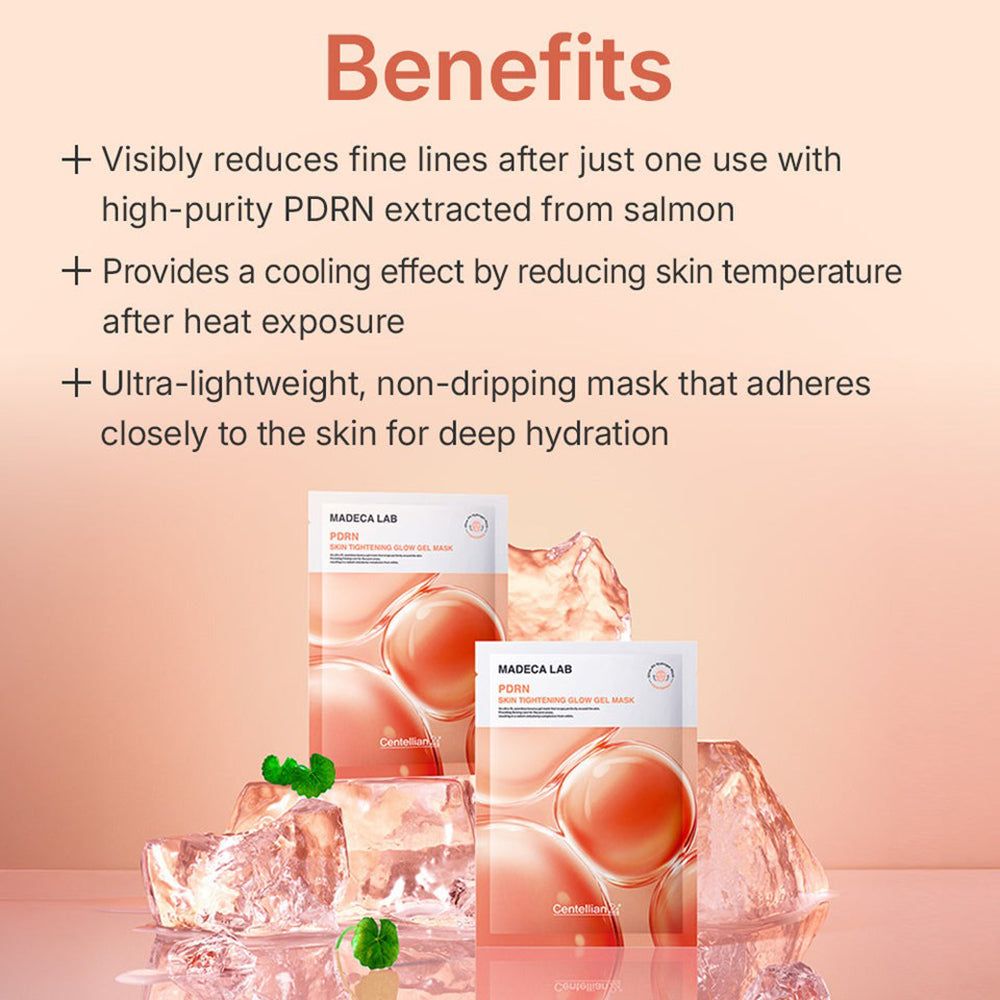 Vorteile der Madeca Lab PDRN Skin Tightening Glow Gel Mask, hervorgehoben durch Text.
