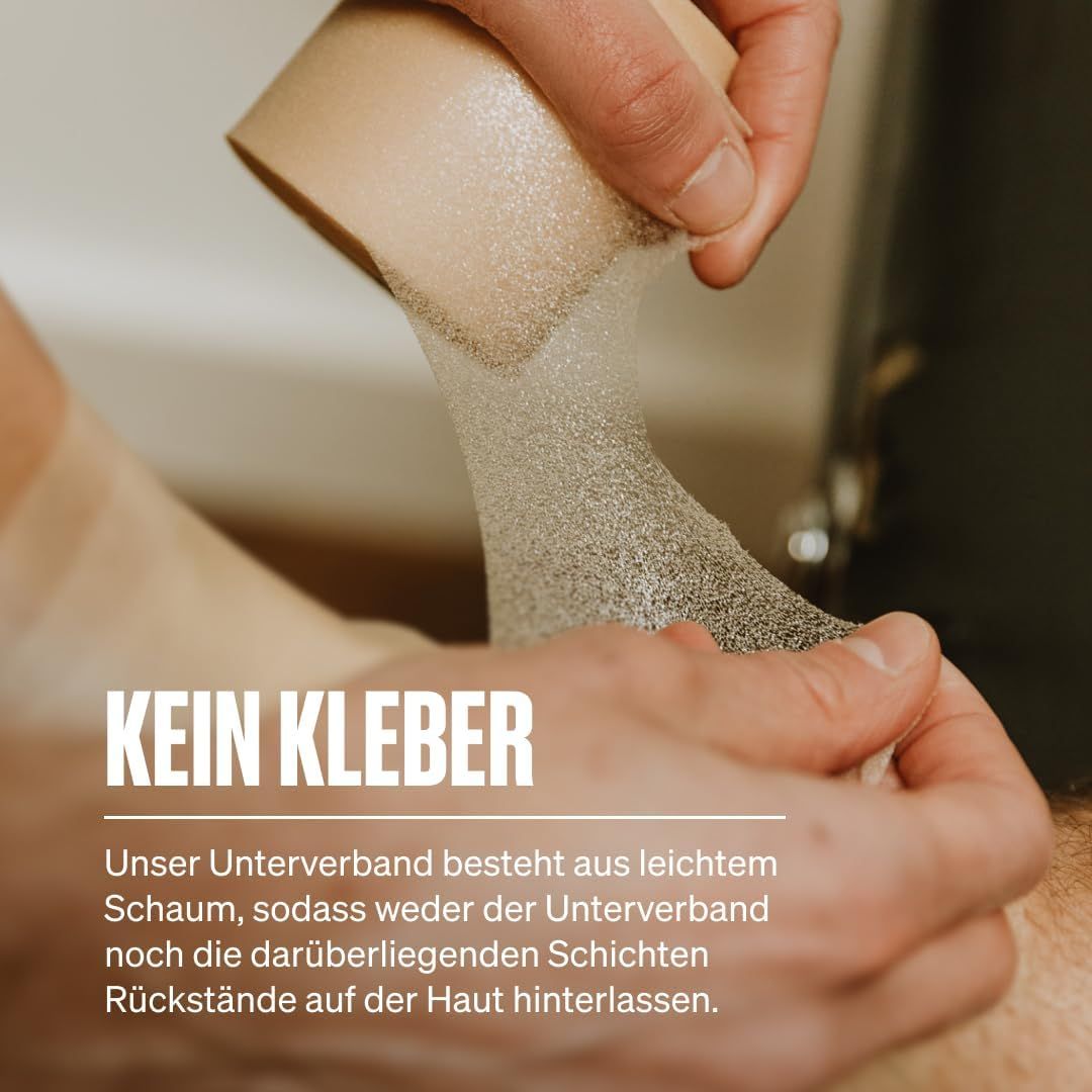 Leichter Schaumstoff-Unterverband ohne Kleber, hinterlässt keine Rückstände.