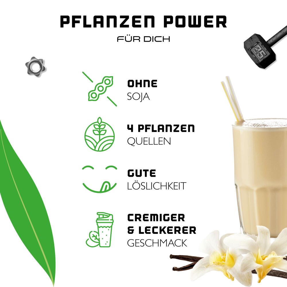 Infografik: Pflanzen Power. Ohne Soja, 4 Pflanzenquellen, gute Löslichkeit, cremiger Geschmack. Smoothie mit Vanille.
