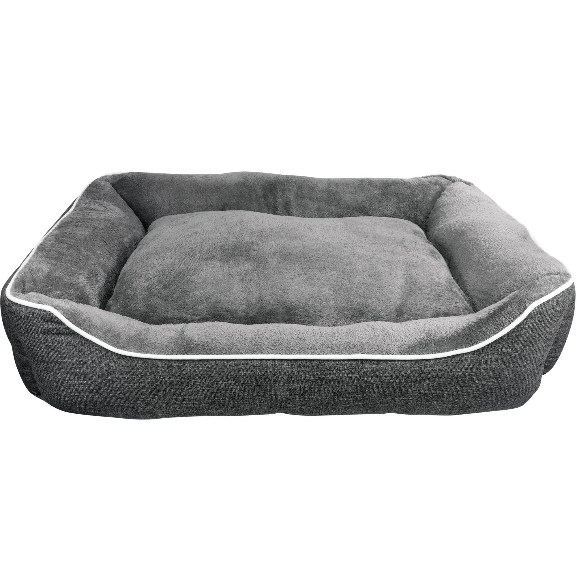 Hundebett, grau, mit weißem Rand. Innen weicher Stoff, außen Leinenoptik. Rechteckige Form.