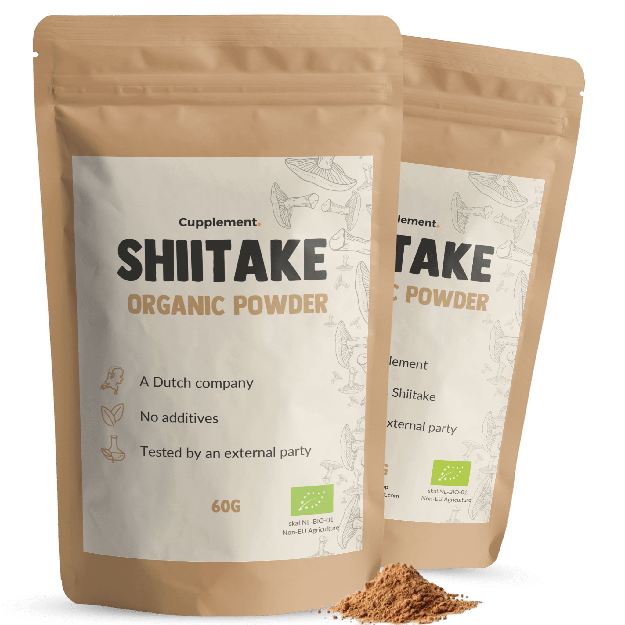 Zwei Beutel Shiitake-Pulver. Aufschrift: Shiitake Organic Powder. 60g. Mit Bio-Siegel.