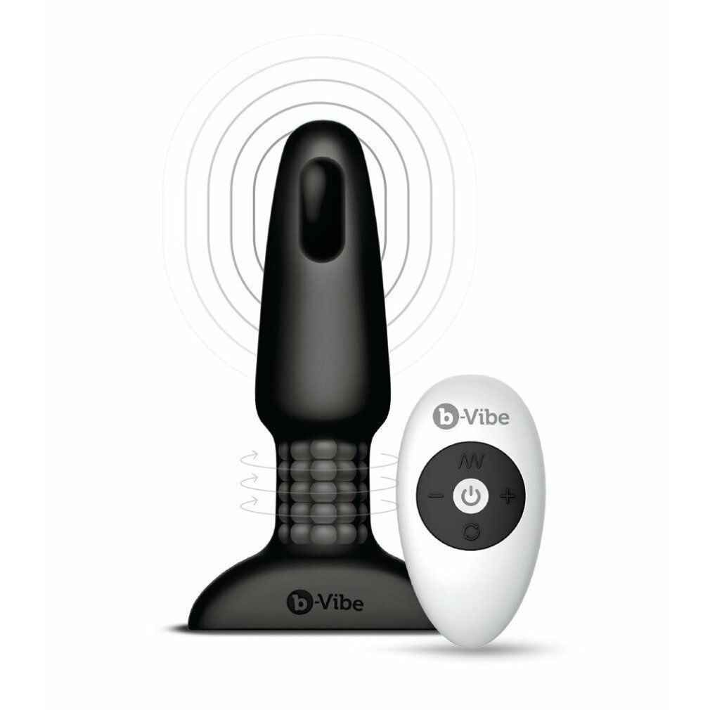 Schwarzer b-Vibe Rim Plug 2 mit Fernbedienung. Produktname und Logo sichtbar. Wellen-Grafik im Hintergrund.