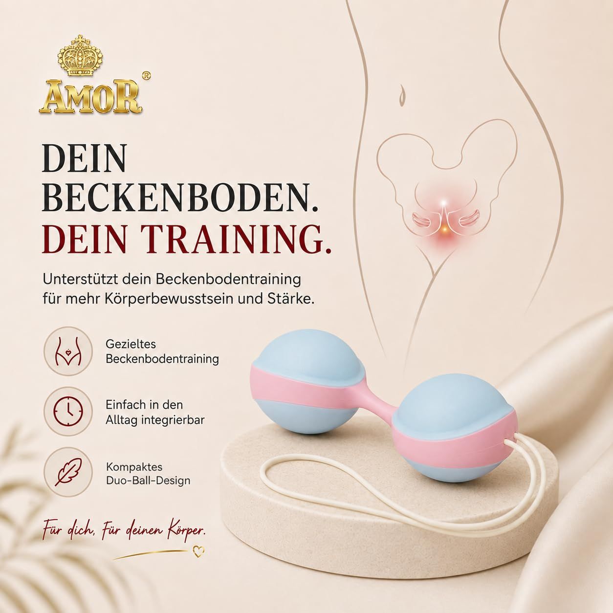 Duo-Beckenbodenkugel mit Schnur, weiß und grün, auf Podest.