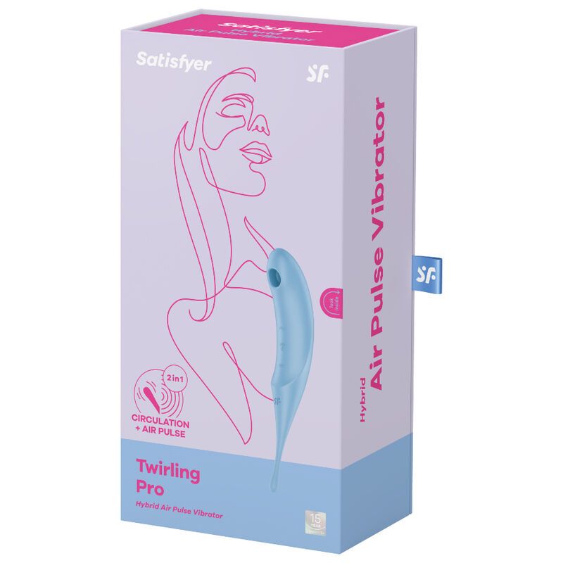 Verpackung des Satisfyer Twirling Pro Air Pulse Stimulators. Zeigt eine stilisierte Frau und Produktinformationen.