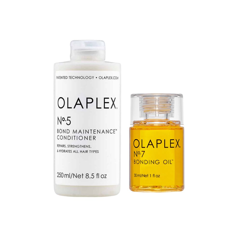 Zwei Haarpflegeprodukte: Eine weiße Flasche mit „Olaplex No.5 Conditioner“ und eine kleine, gelbe Flasche „Olaplex No.7 Bonding Oil“.