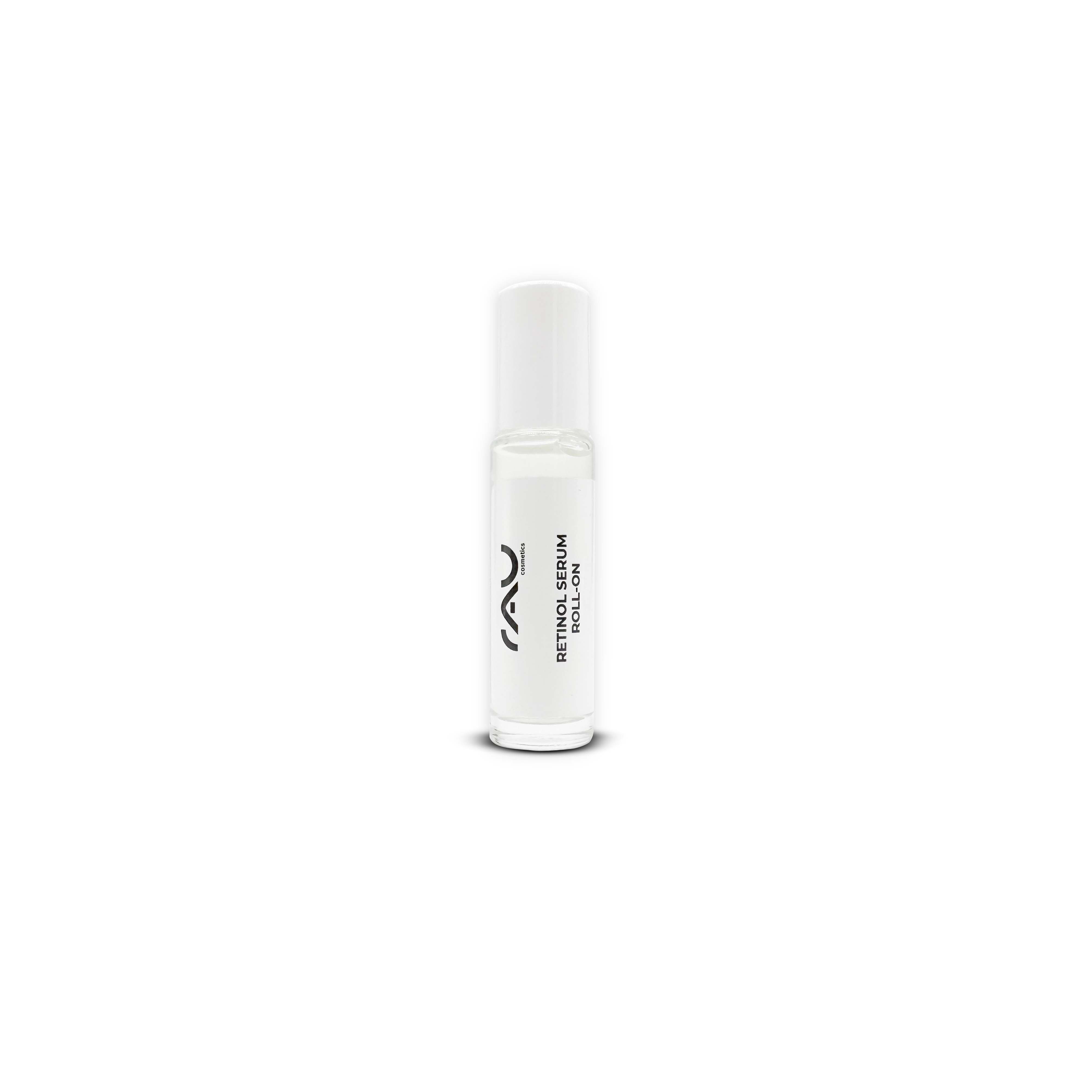 Weißes Roll-On-Serum mit schwarzem Aufdruck. Aufschrift: RETINOL SERUM ROLL-ON.