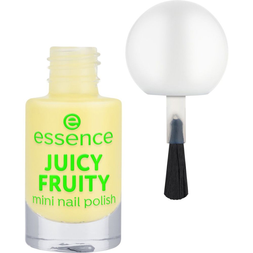 Essence Mini Vernis à Ongles Juicy Fruity. Gelbe Nagellackflasche mit Pinsel. Produktname und Logo sichtbar.