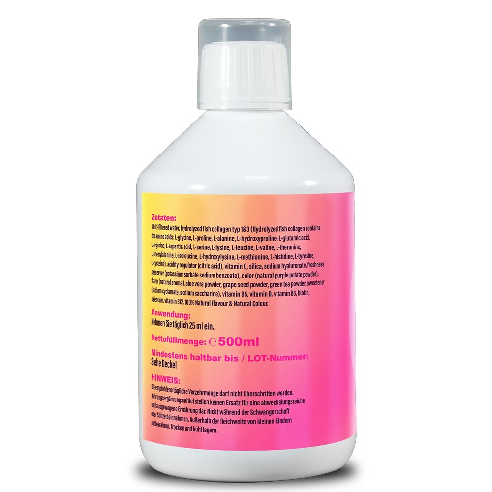 Rückseite der Flasche. Zutatenliste, Anwendungshinweise und Mindesthaltbarkeitsdatum. Rosa-gelber Farbverlauf.